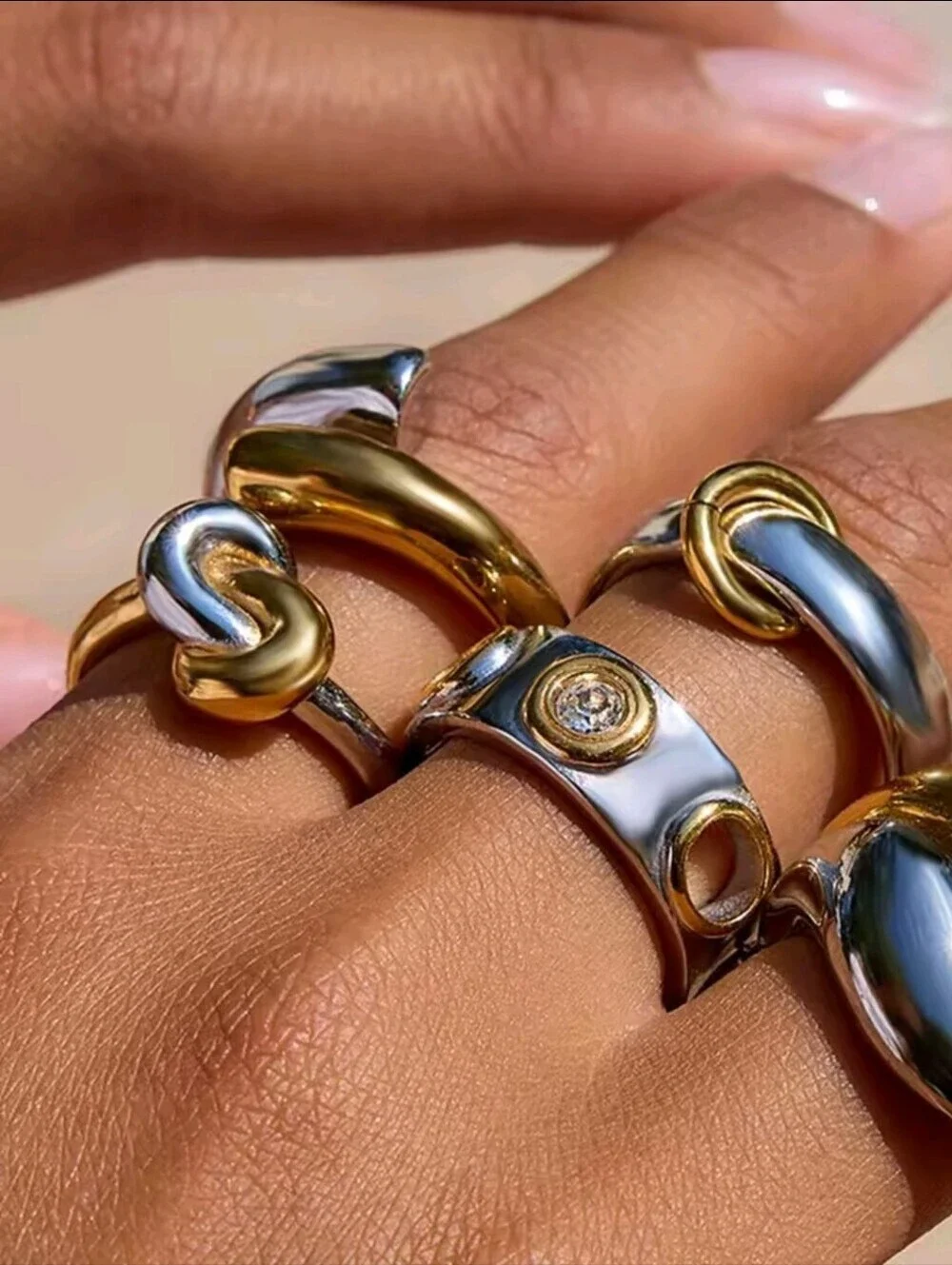 Silver Band Ring with Gold Bezel and Clear Crystal